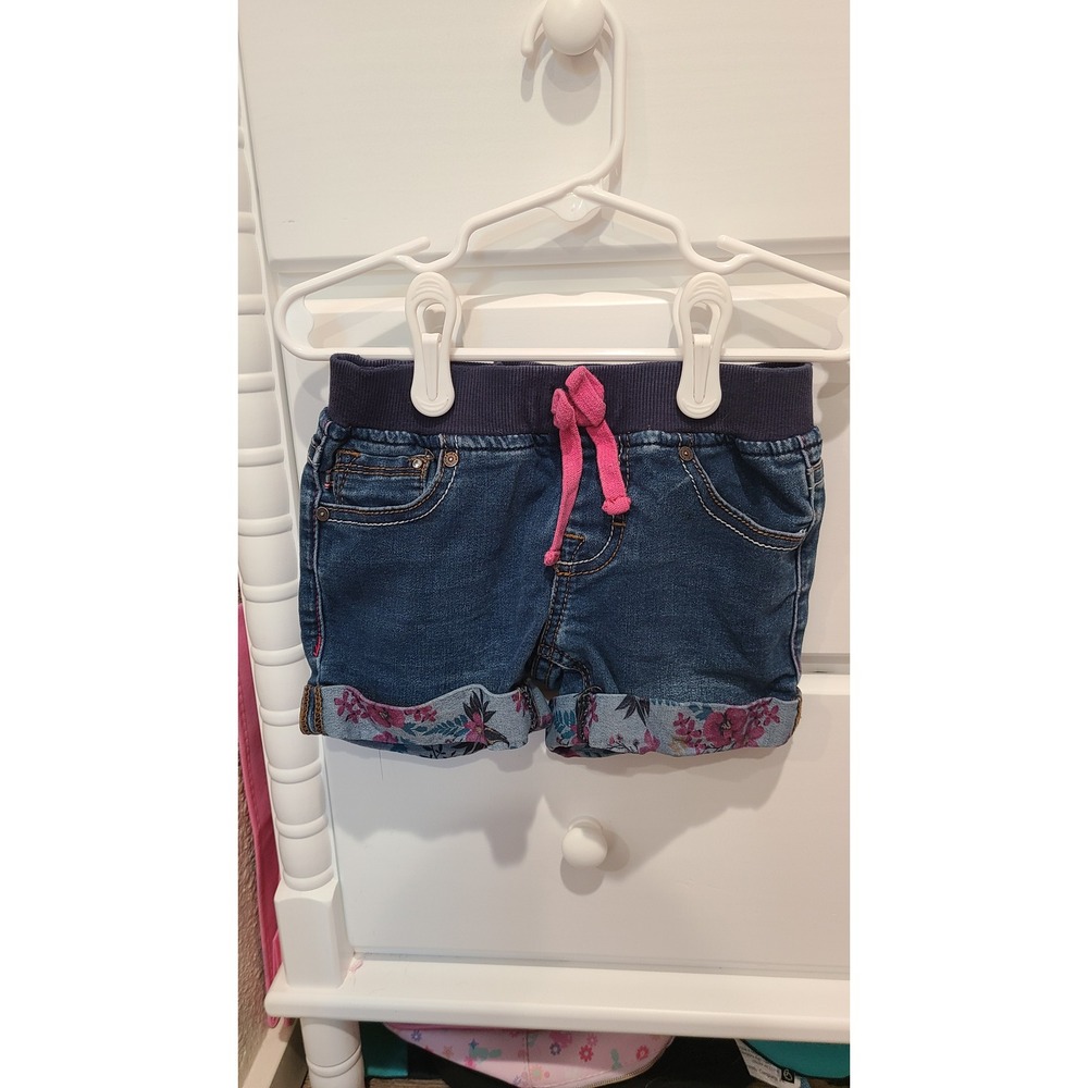 Vigoss Girls Denim Shorts Size 6 Blue Floral Cuff Elastic Waist Pull On Jean